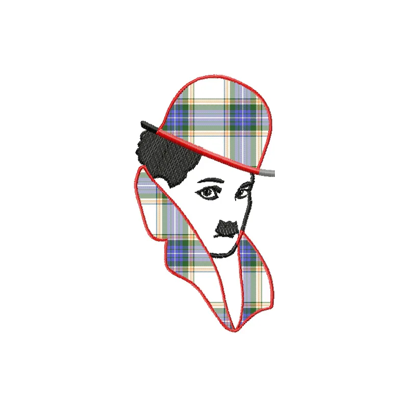 Charlie Chaplin embroidery design showcasing a vintage applique style, perfect for apparel and home decor stitching.