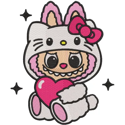 Labubu Hello Kitty embroidery design featuring a cute, colorful depiction of Hello Kitty with intricate stitching.