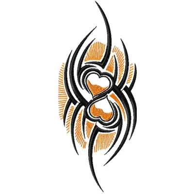 Tribal Two Hearts embroidery design featuring intertwined hearts in a unique tribal pattern.