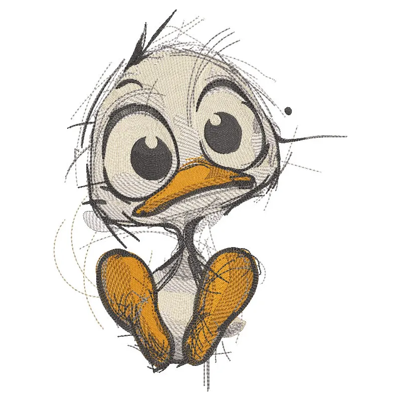 Sitting funny duckling embroidery design featuring a cute duckling in a whimsical pose, perfect for farm animal lovers.