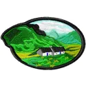 Georgian landscape embroidery design showcasing scenic mountains and valleys, perfect for travel enthusiasts.