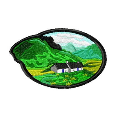Georgian landscape embroidery design showcasing scenic mountains and valleys, perfect for travel enthusiasts.