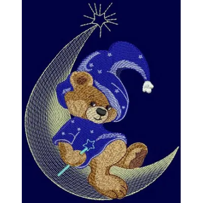 Teddy Bear Wizard embroidery design showcasing a whimsical bear in a wizard hat, perfect for playful stitching projects.