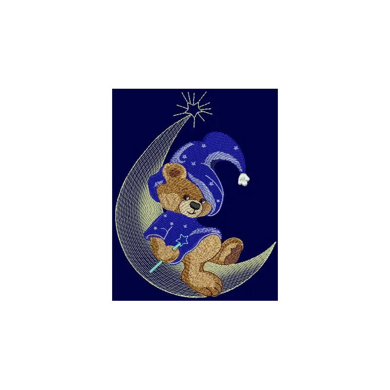 Teddy Bear Wizard embroidery design showcasing a whimsical bear in a wizard hat, perfect for playful stitching projects.