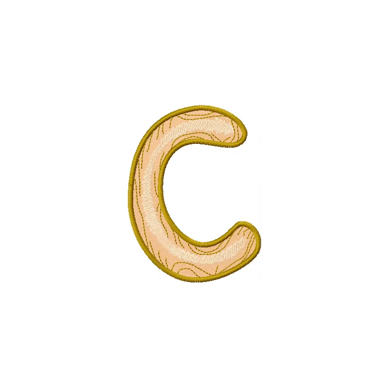 Wooden letter C embroidery design preview showcasing a charming stitched motif for personalized projects.