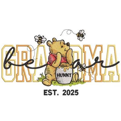 Embroidered design featuring Winnie Pooh with Grandma Bear, showcasing playful details and vibrant colors.