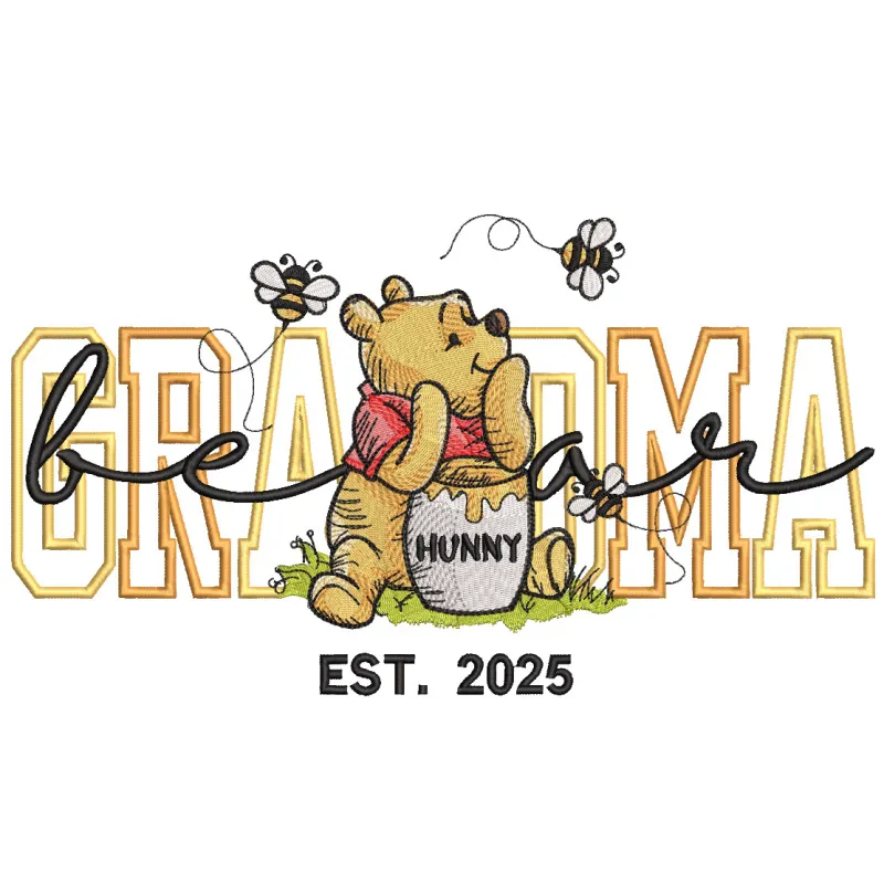 Embroidered design featuring Winnie Pooh with Grandma Bear, showcasing playful details and vibrant colors.