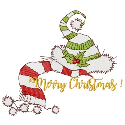 Preview of a Christmas elf's hat and scarf embroidery design, showcasing festive stitching patterns for holiday projects.