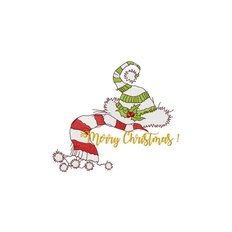 Preview of a Christmas elf's hat and scarf embroidery design, showcasing festive stitching patterns for holiday projects.