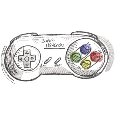 Embroidery design of a Super Nintendo joystick, featuring detailed sketch art, perfect for game heroes enthusiasts.
