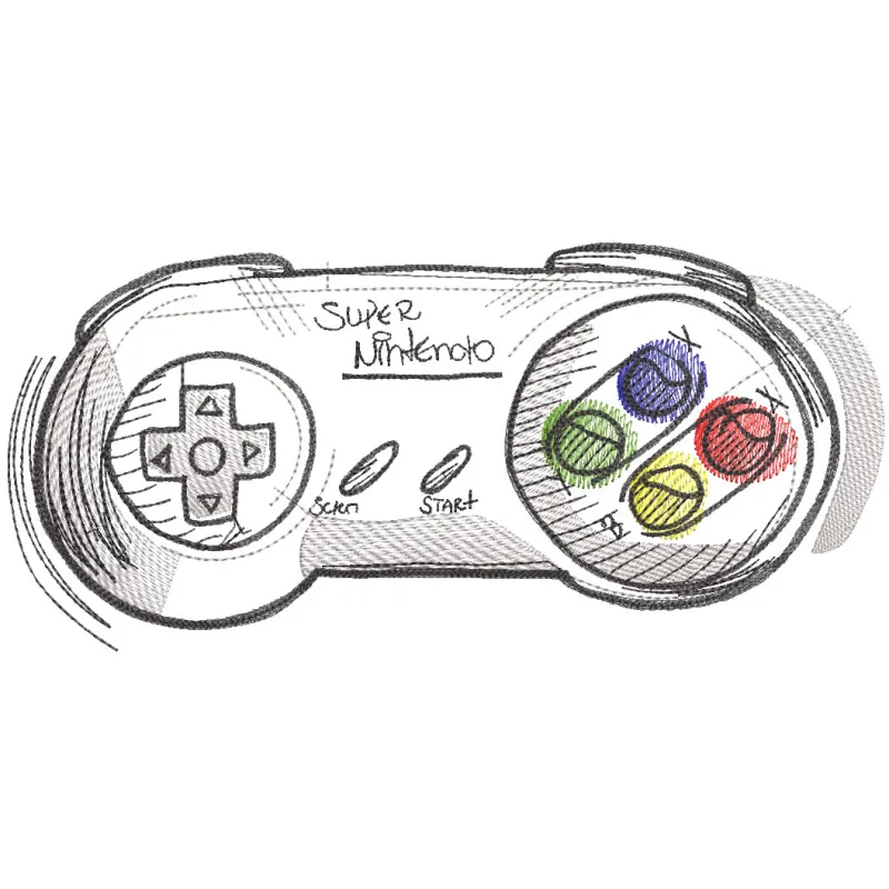 Embroidery design of a Super Nintendo joystick, featuring detailed sketch art, perfect for game heroes enthusiasts.