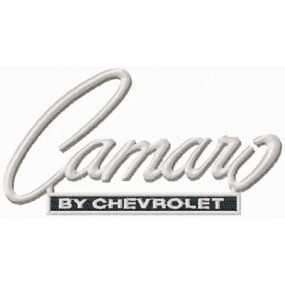 Camaro by Chevrolet logo embroidery design showcasing intricate stitching patterns for automotive enthusiasts.
