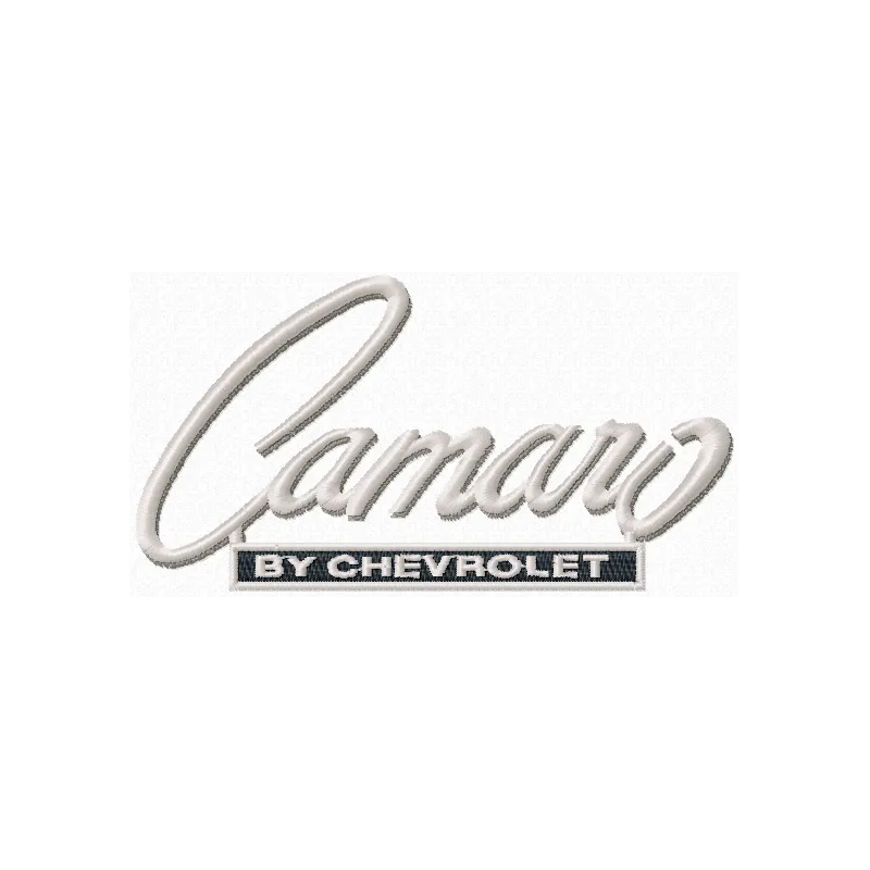 Camaro by Chevrolet logo embroidery design showcasing intricate stitching patterns for automotive enthusiasts.