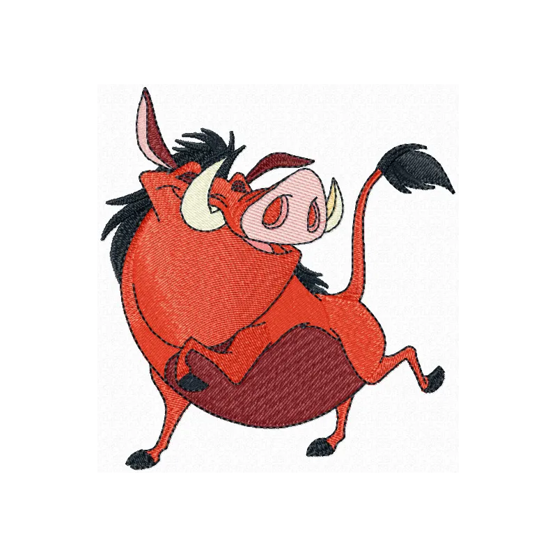 Pumbaa embroidery design showcasing a beloved character from the Lion King, ideal for stitching on t-shirts and bags.