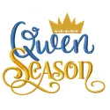 Queen season embroidery design showcasing elegant lettering, perfect for stitching on t-shirts and tote bags.