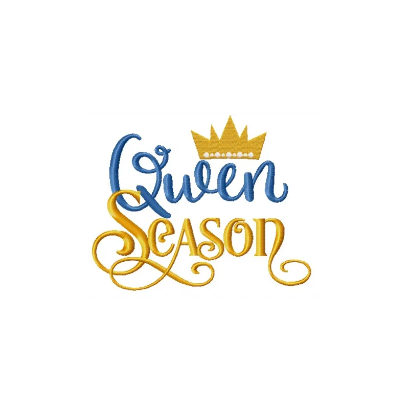 Queen season embroidery design showcasing elegant lettering, perfect for stitching on t-shirts and tote bags.