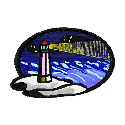 Lighthouse embroidery design showcasing a detailed coastal scene, ideal for travel-themed projects.