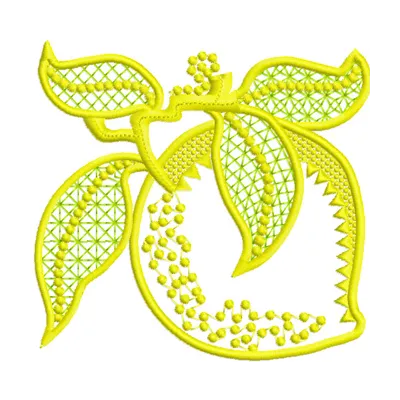 Limon Applique embroidery design featuring a vibrant lemon motif, ideal for decorative stitching on various fabric items.