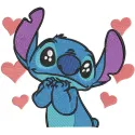 Embroidery design featuring Stitch surrounded by hearts, titled 'Stitch is a sea of love', vibrant colors.