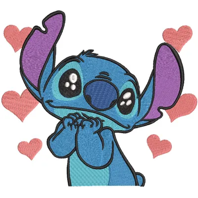 Embroidery design featuring Stitch surrounded by hearts, titled 'Stitch is a sea of love', vibrant colors.