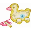 Wooden Toys Duck embroidery design preview showcasing a charming duck motif for playful stitching projects.