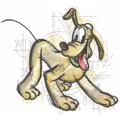 Playing Pluto sketch embroidery design featuring a playful, cartoon-style depiction of Pluto in vibrant colors.