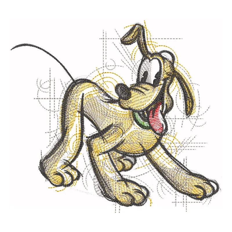 Playing Pluto sketch embroidery design featuring a playful, cartoon-style depiction of Pluto in vibrant colors.