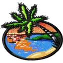 Sun Beach embroidery design showcasing a vibrant seaside scene, perfect for travel-themed projects and summer apparel.