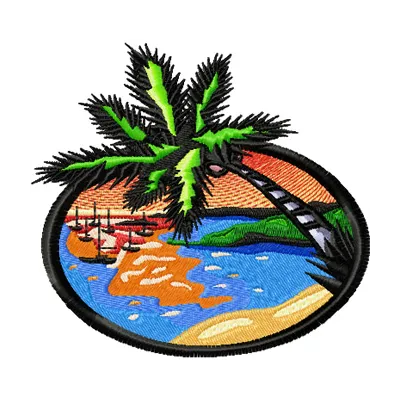 Sun Beach embroidery design showcasing a vibrant seaside scene, perfect for travel-themed projects and summer apparel.