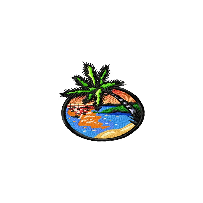Sun Beach embroidery design showcasing a vibrant seaside scene, perfect for travel-themed projects and summer apparel.