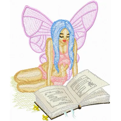 Preview of Fairy Reading Book embroidery design featuring a whimsical fairy surrounded by books and magical elements.