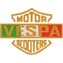 Close-up of Vespa motor scooters logo embroidery design showcasing detailed stitching and vibrant colors.