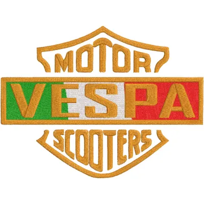 Close-up of Vespa motor scooters logo embroidery design showcasing detailed stitching and vibrant colors.