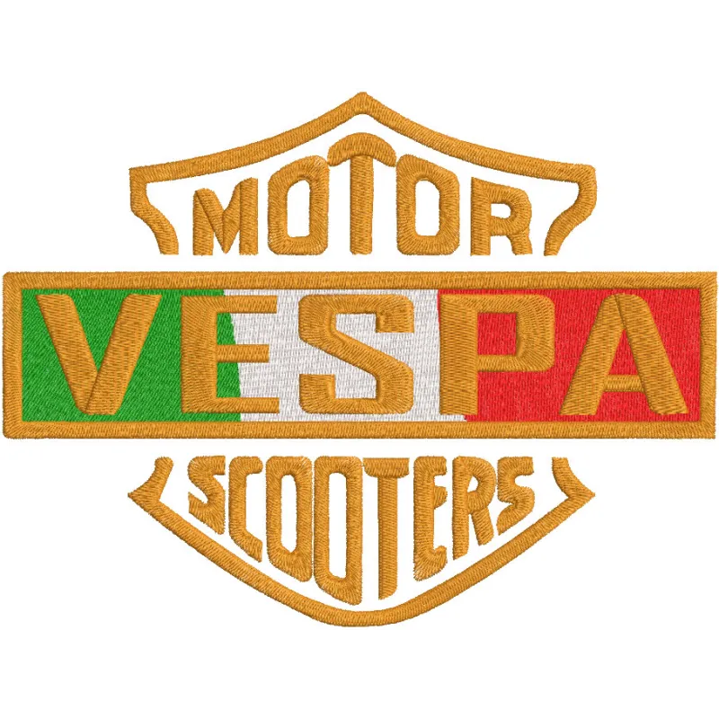 Close-up of Vespa motor scooters logo embroidery design showcasing detailed stitching and vibrant colors.
