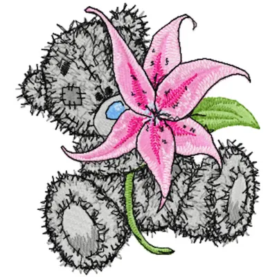 Teddy bear with lily embroidery design, showcasing a charming stitched motif for creative projects.