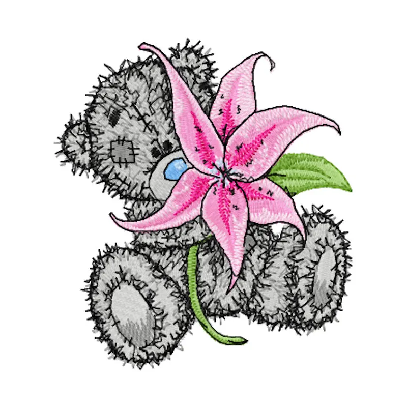 Teddy bear with lily embroidery design, showcasing a charming stitched motif for creative projects.