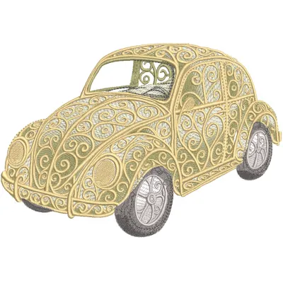 Openwork Volkswagen Beetle car embroidery design featuring intricate patterns and detailed craftsmanship.
