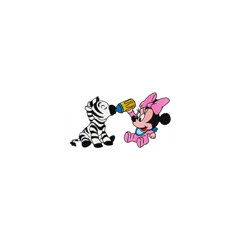 Minnie Mouse and zebra embroidery design featuring playful motifs for crafting on apparel and accessories.