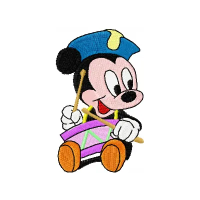 Mickey Mouse embroidery design featuring Mickey playing a drum, perfect for adding fun to t-shirts and bags.