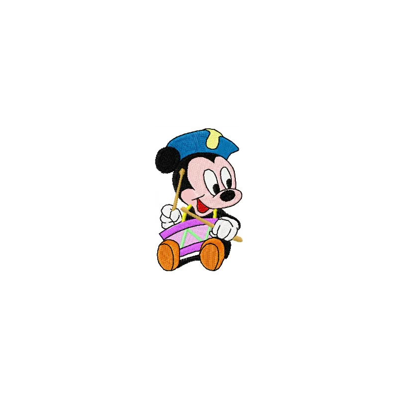Mickey Mouse embroidery design featuring Mickey playing a drum, perfect for adding fun to t-shirts and bags.