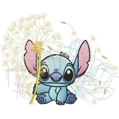 Sitting Stitch character with vibrant dandelion embroidery design, showcasing intricate details and colorful threads.