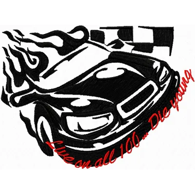 Preview of the Tribal Racing - Live on all 100...Die Young embroidery design featuring intricate tribal symbols.