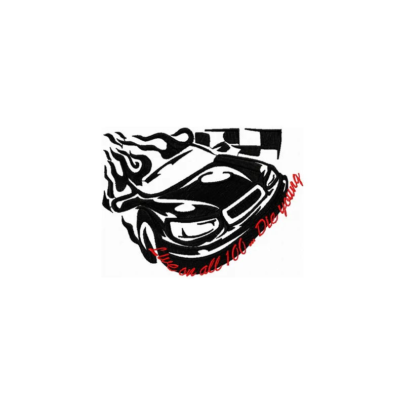 Preview of the Tribal Racing - Live on all 100...Die Young embroidery design featuring intricate tribal symbols.