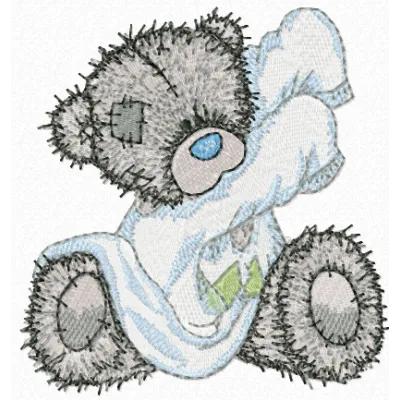 Teddy bear embroidery design of a cuddly teddy preparing for bed, ideal for children's items and cozy projects.