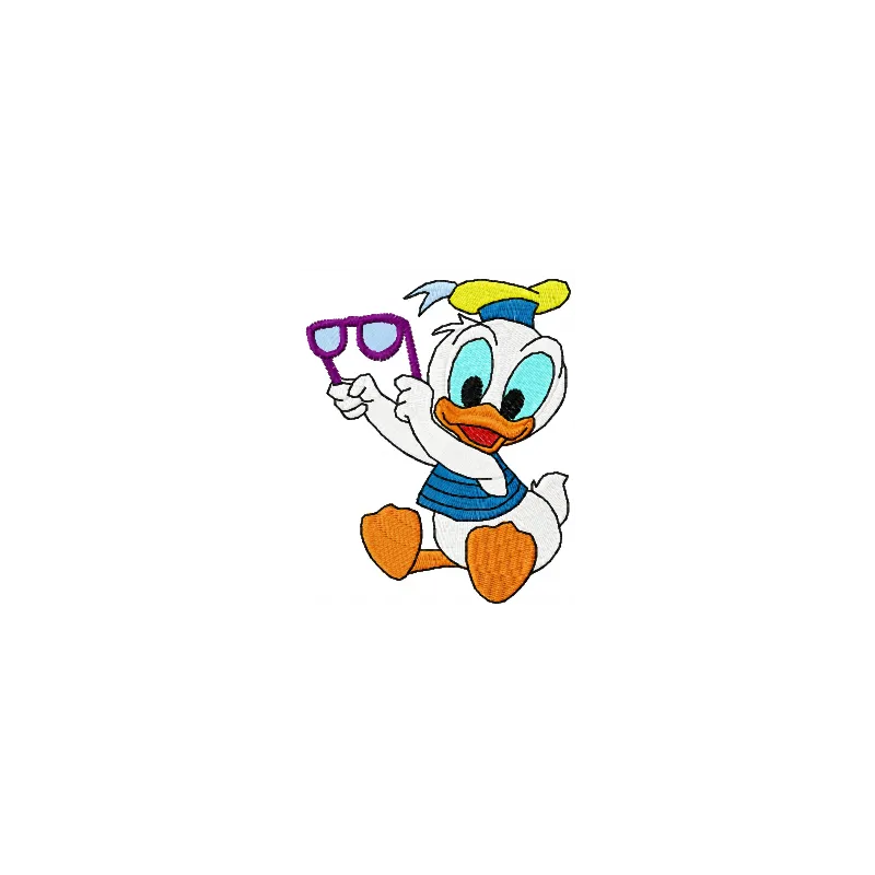 Embroidery design of Little Donald holding a glass from Duck Tales, showcasing vibrant stitching patterns.