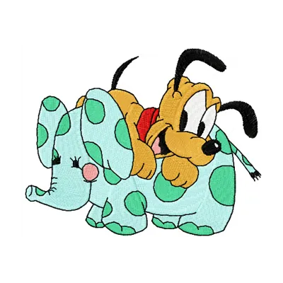 Embroidery design featuring Pluto with a soft toy, ideal for stitching on baby onesies or blankets.