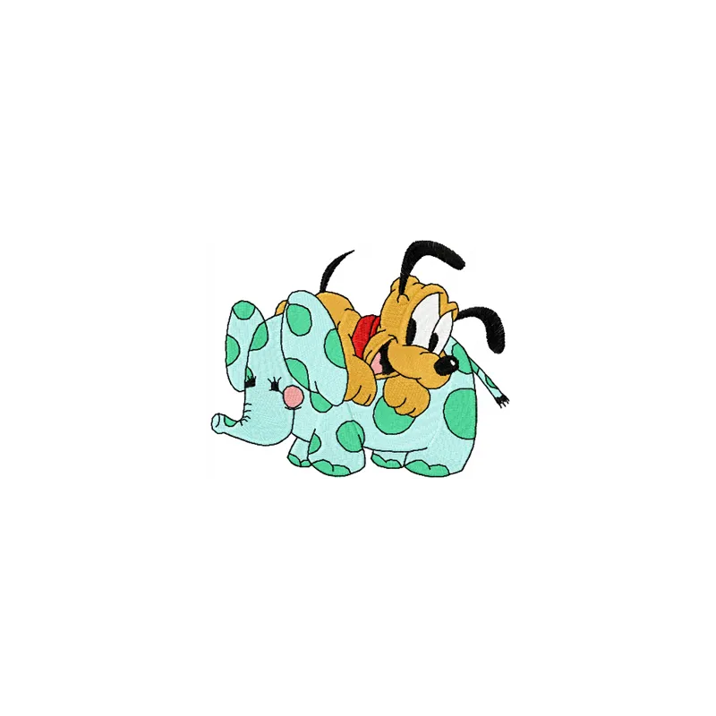 Embroidery design featuring Pluto with a soft toy, ideal for stitching on baby onesies or blankets.