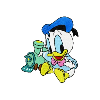 Donald Duck embroidery design featuring a cheerful character with a train toy, perfect for children's projects.