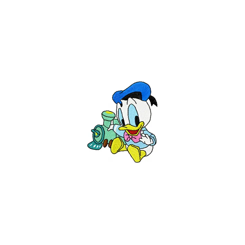 Donald Duck embroidery design featuring a cheerful character with a train toy, perfect for children's projects.