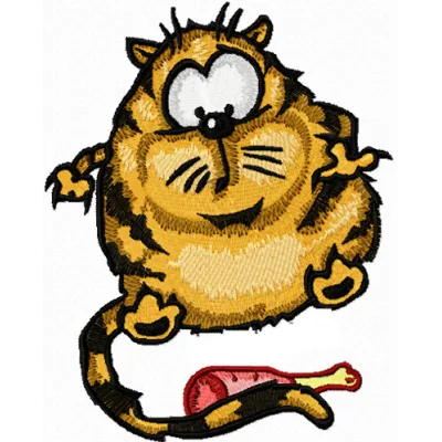 Preview of Funny Cat embroidery design featuring the phrase 'I Like to Eat and Sleep!' in a playful style.